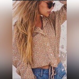 Brandy Melville Tan with Red Flowers Button Down Shirt